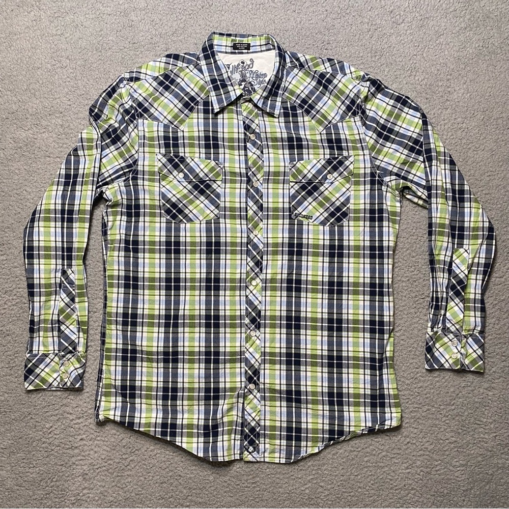 Bullhead Green Plaid Multicolor Long Sleeve Western Pearl Snap Men’s Size XL